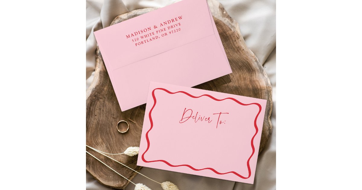 Modern Pink and Red Wavy Frame Wedding Envelope | Zazzle