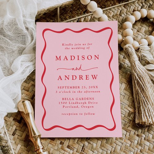 Modern Pink and Red Wavy Frame Wedding Invitation