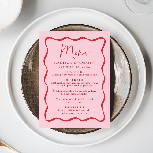 Modern Pink and Red Wavy Frame Wedding Menu