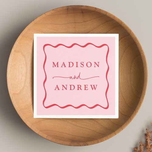 Modern Pink and Red Wavy Frame Wedding Napkins