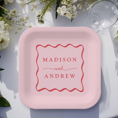 Modern Pink and Red Wavy Frame Wedding Paper Plates