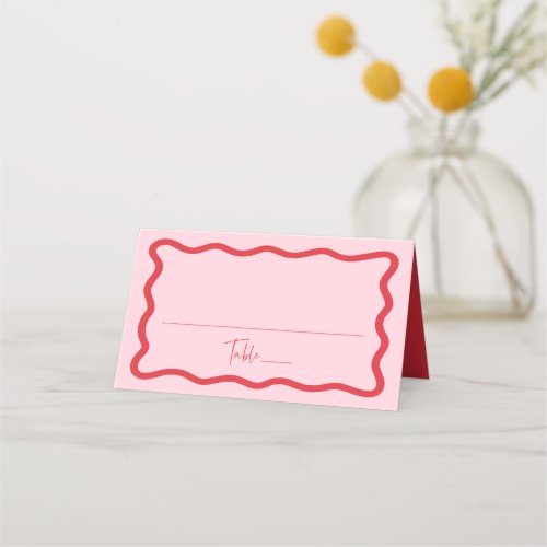 Modern Pink and Red Wavy Frame Wedding Place Card