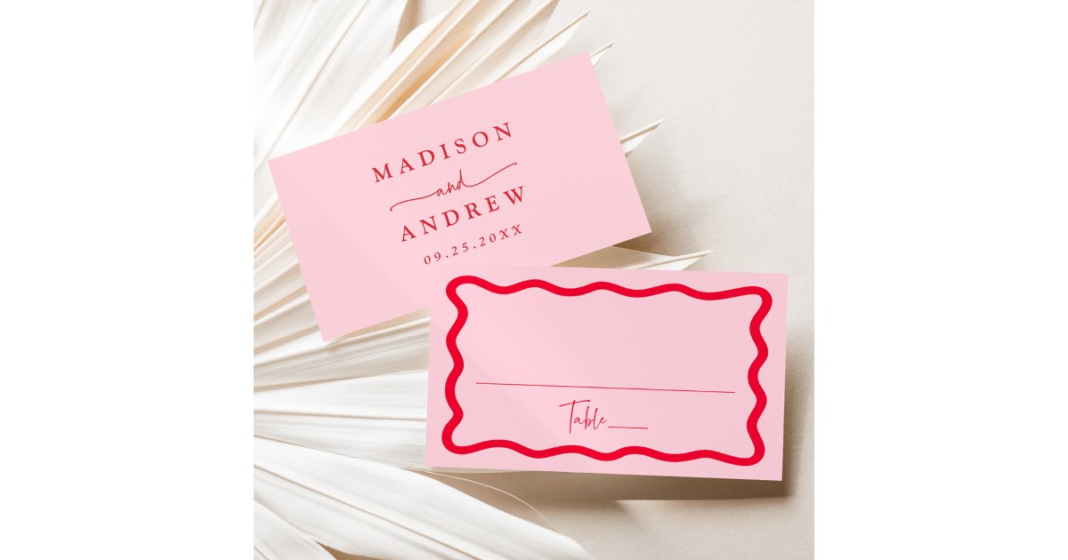 Modern Pink and Red Wavy Frame Wedding Place Card | Zazzle