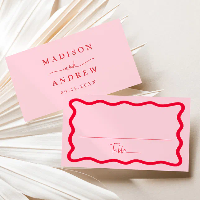 Modern Pink and Red Wavy Frame Wedding Place Card | Zazzle