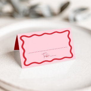 Modern Pink and Red Wavy Frame Wedding Place Card