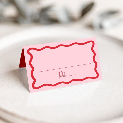 Modern Pink and Red Wavy Frame Wedding Place Card