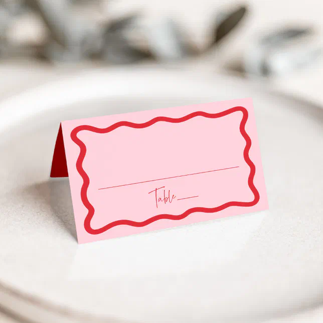 Modern Pink and Red Wavy Frame Wedding Place Card | Zazzle