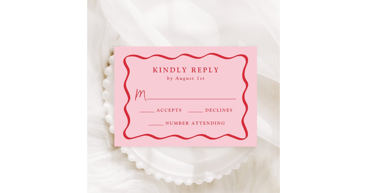 Modern Pink and Red Wavy Frame Wedding RSVP Card | Zazzle