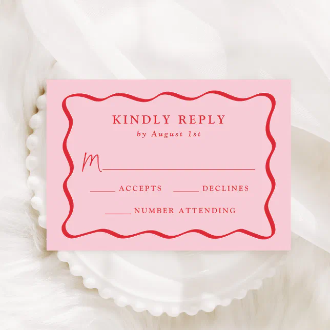 Modern Pink and Red Wavy Frame Wedding RSVP Card | Zazzle