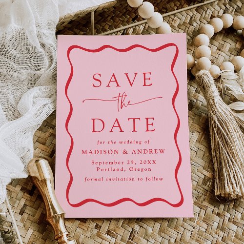 Modern Pink and Red Wavy Frame Wedding Save The Date