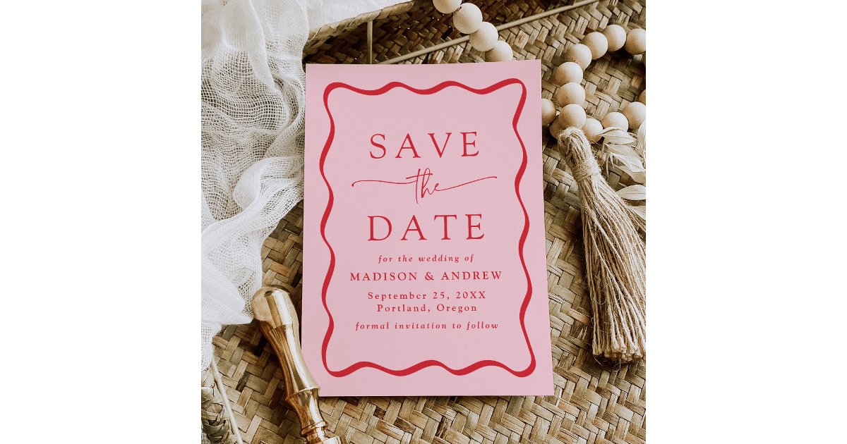 Modern Pink and Red Wavy Frame Wedding Save The Date | Zazzle