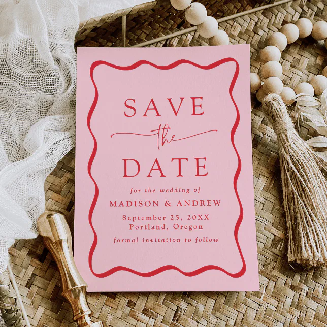 Modern Pink and Red Wavy Frame Wedding Save The Date | Zazzle