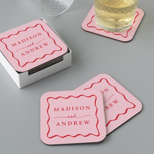 Modern Pink and Red Wavy Frame Wedding Square Paper Coaster