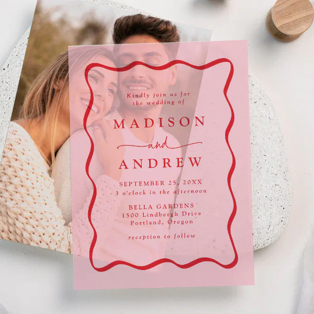 Modern Pink and Red Wavy Frame Wedding Vellum Invitations | Zazzle