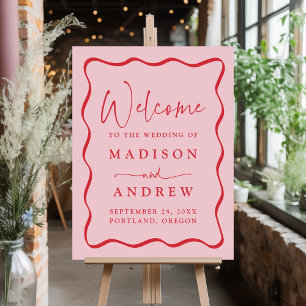 Modern Pink and Red Wavy Frame Wedding Welcome Foam Board