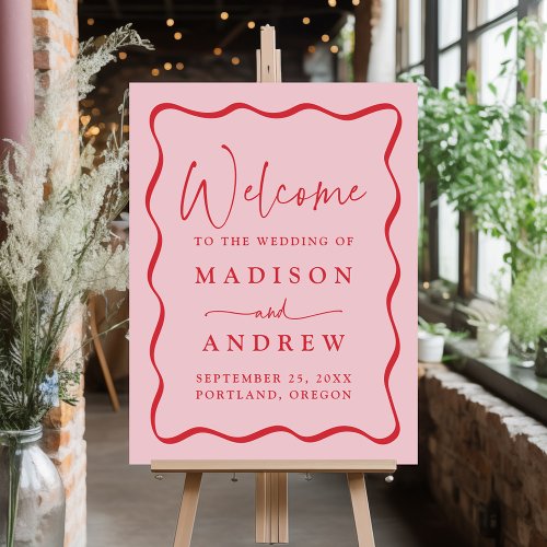 Modern Pink and Red Wavy Frame Wedding Welcome Foam Board