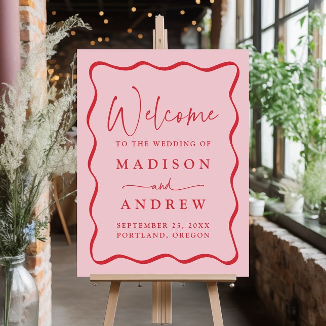 Modern Pink and Red Wavy Frame Wedding Welcome Foam Board (Creator Uploaded)