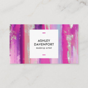 Modern pink and silver glitter brushstrokes makeup business card