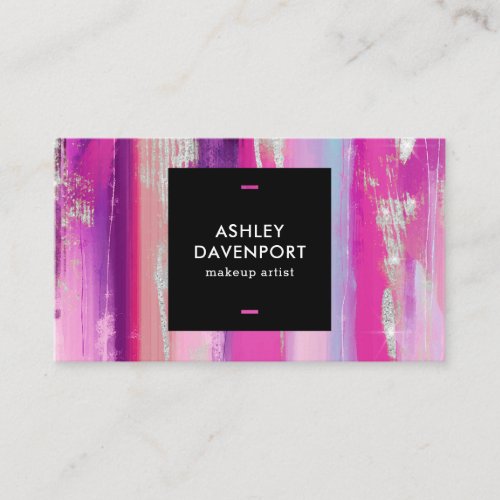 Modern pink and silver glitter brushstrokes makeup business card