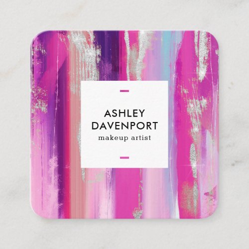 Modern pink and silver glitter brushstrokes makeup square business card