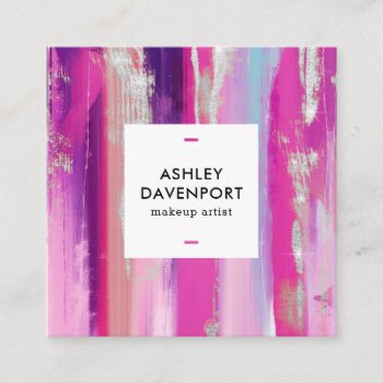 Modern Pink And Silver Glitter Brushstrokes Makeup Square Business Card by moodii at Zazzle
