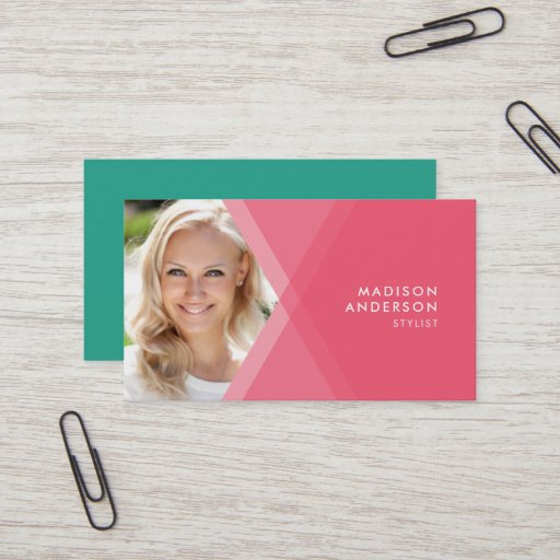 Customizable Modern Pink and Teal Layered Geometric Photo Business Card