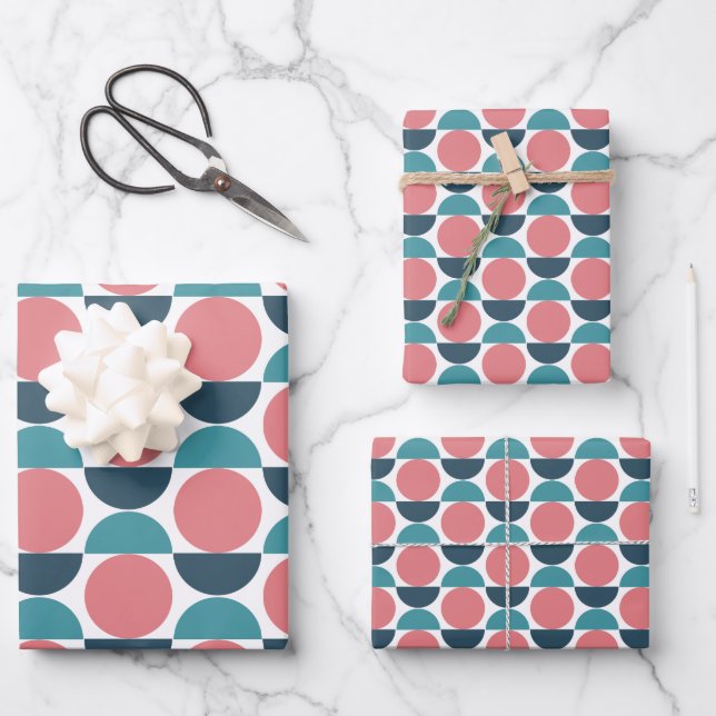 Modern Pink and Teal on White Geometric Shapes Wrapping Paper Sheets (Front)