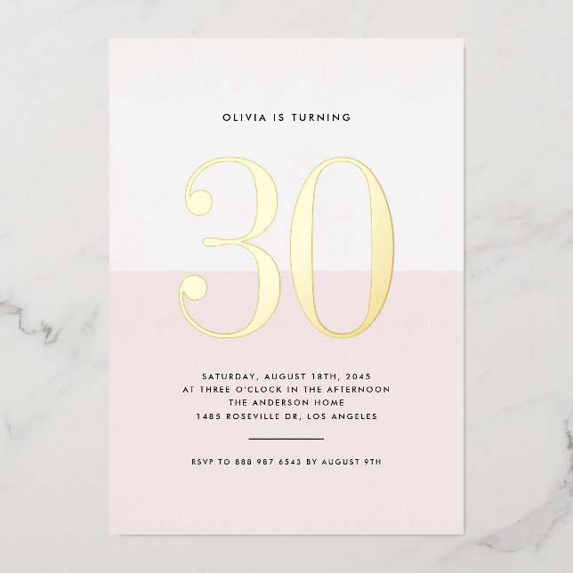Modern Pink and White 30th Birthday Gold Foil Invitation (Front)