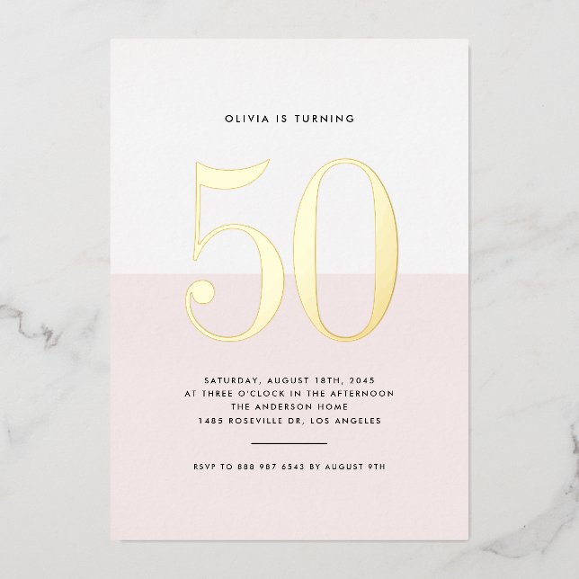 Modern Pink and White 50th Birthday Gold Foil Invitation (Front)