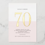 Modern Pink and White 70th Birthday Gold Foil Foil Invitation<br><div class="desc">Invite guests to your event with this customizable sixtieth-birthday invitation. It features a pink and white color block with modern typography. Personalize this modern 70th birthday invitation by adding your event details. This gold foil sixtieth birthday invitation is available in other foil colors.</div>