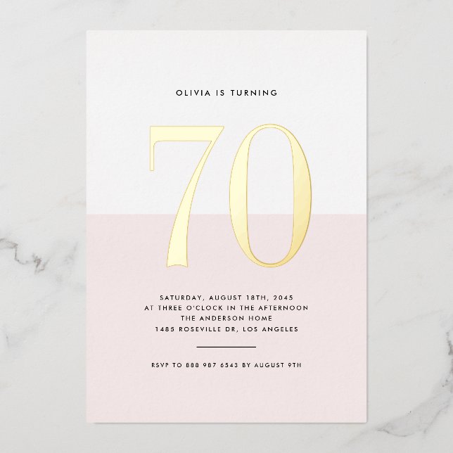 Modern Pink and White 70th Birthday Gold Foil Foil Invitation (Front)