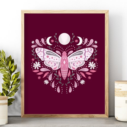 Modern Pink And White Abstract Moth Illustration Poster
