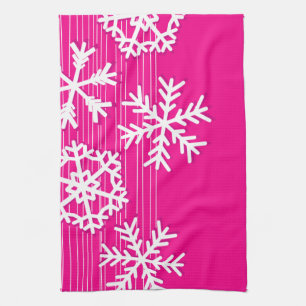 Modern pink and white Christmas snowflakes Kitchen Towel