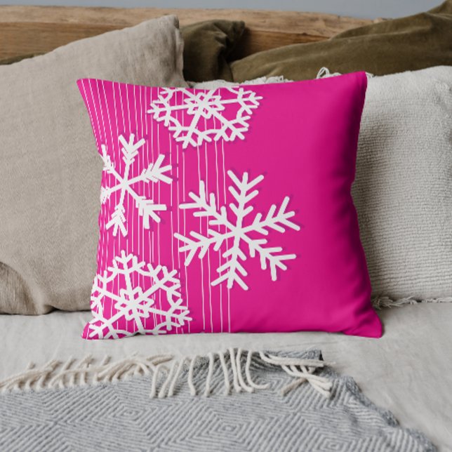 Modern pink and white Christmas snowflakes Throw Pillow (Creator Uploaded)