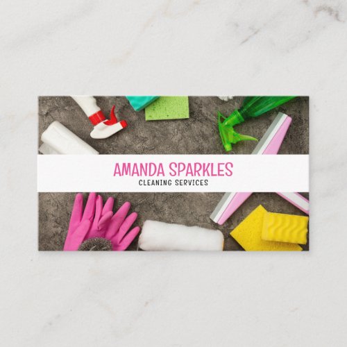 Modern Pink and White Cleaning Equipment Maid Business Card