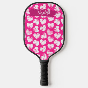 Modern Pink and White Doodled Heart Valentine Name Pickleball Paddle