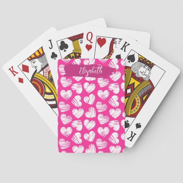 Modern Pink and White Doodled Heart Valentine Name Poker Cards (Back)