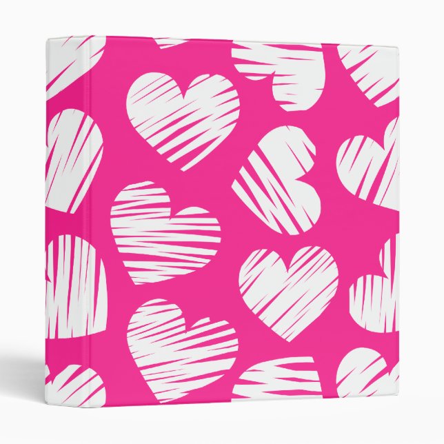 Modern Pink and White Doodled Heart Valentines Day 3 Ring Binder (Front/Spine)