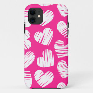 Modern Pink and White Doodled Heart Valentines Day iPhone 11 Case