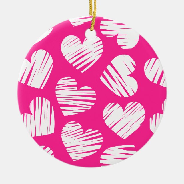 Modern Pink and White Doodled Heart Valentines Day Ceramic Ornament (Front)