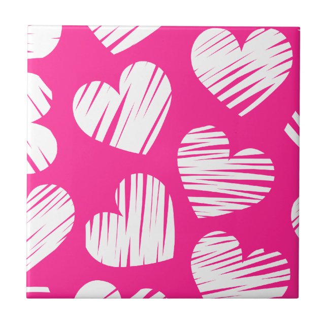 Modern Pink and White Doodled Heart Valentines Day Ceramic Tile (Front)