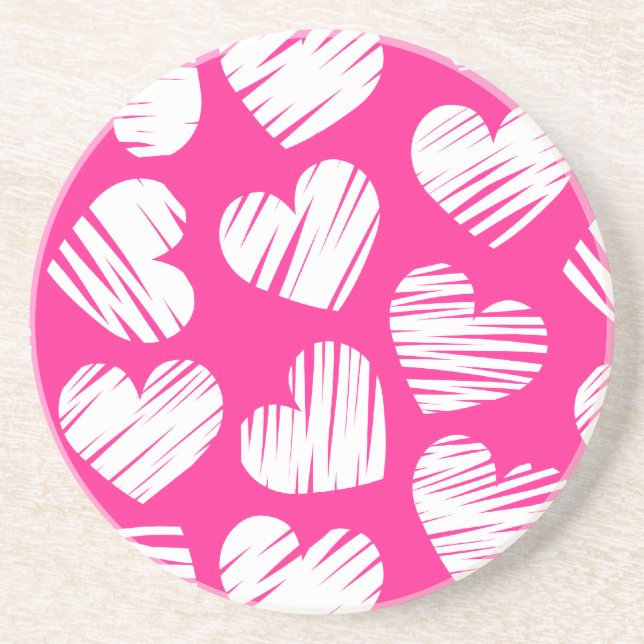Modern Pink and White Doodled Heart Valentines Day Drink Coaster (Front)