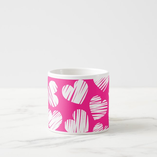Modern Pink and White Doodled Heart Valentines Day Espresso Cup (Front)