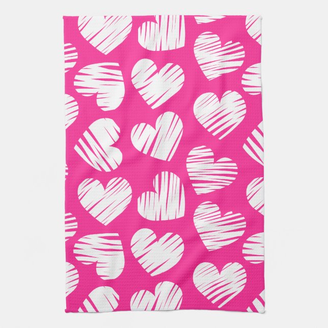 Modern Pink and White Doodled Heart Valentines Day Kitchen Towel (Vertical)
