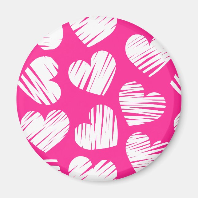 Modern Pink and White Doodled Heart Valentines Day Magnet (Front)