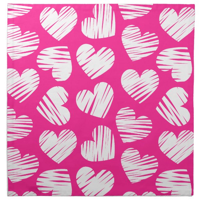 Modern Pink and White Doodled Heart Valentines Day Napkin (Front)