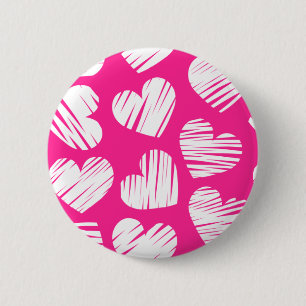 Modern Pink and White Doodled Heart Valentines Day Pinback Button
