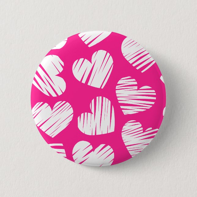 Modern Pink and White Doodled Heart Valentines Day Pinback Button (Front)