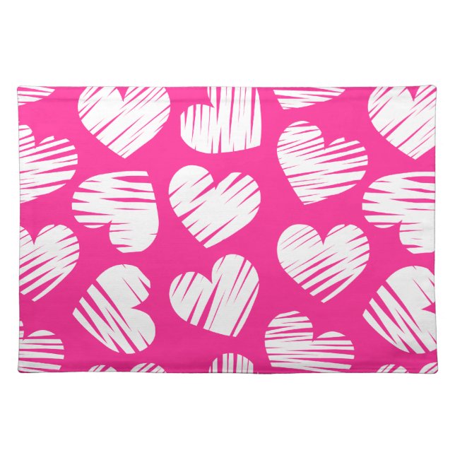 Modern Pink and White Doodled Heart Valentines Day Placemat (Front)