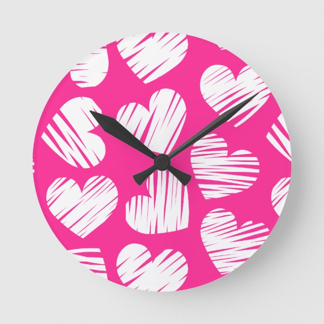 Modern Pink and White Doodled Heart Valentines Day Round Clock (Front)